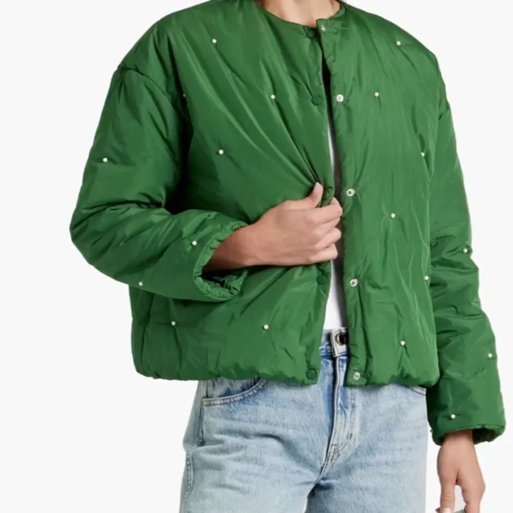 NWT SLEEPER Puffer Jacket in Green with Pearl Details Size L/XL NWT $450